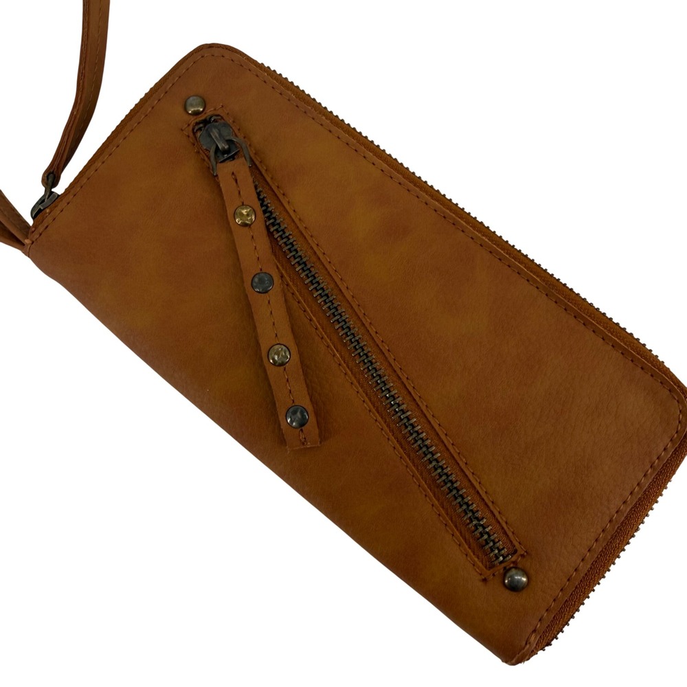 NWOT Free‎ People Vegan Leather Wristlet Zip Wallet Cognac Brown Studded Boho